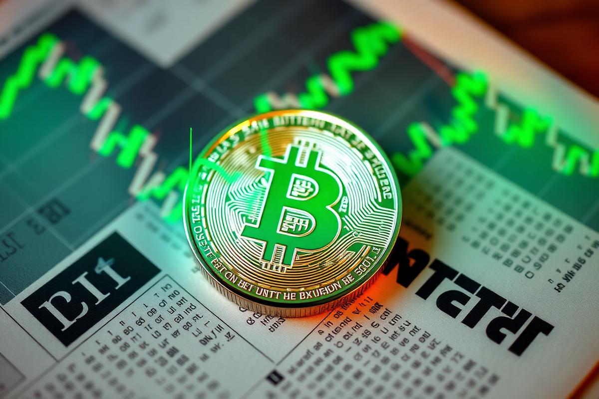 Bitcoin coin on a rising green candlestick chart
