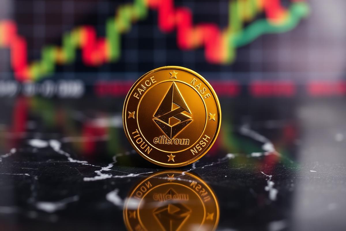 Golden Ethereum coin with trading chart in background