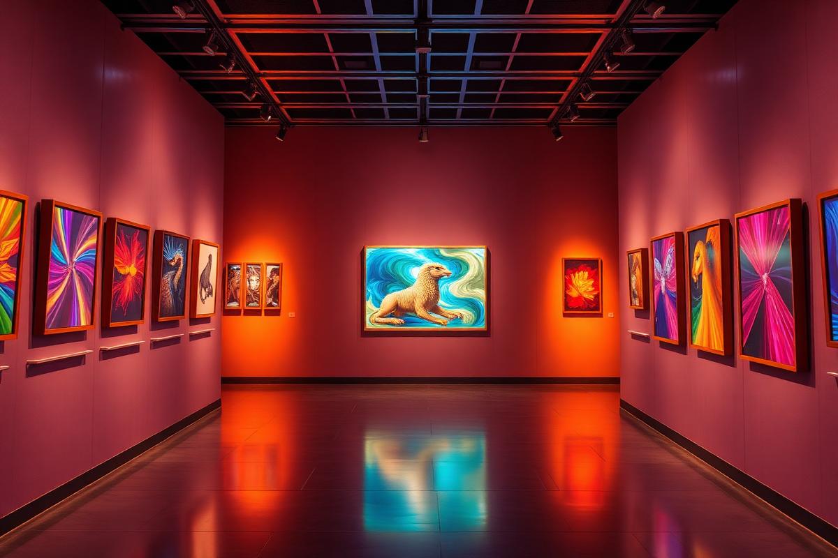 Modern digital art gallery displaying NFT artworks