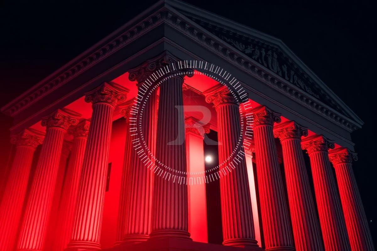 Government building lit in red representing crypto regulation